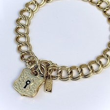 18K GL Solid Double Link Gold Bracelet with Antique Keyhole Padlock