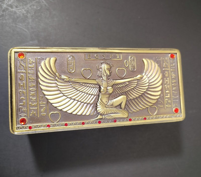 Egyptian Gold metal jewelry box w/hinged lid raised heiroglyphics cushioned