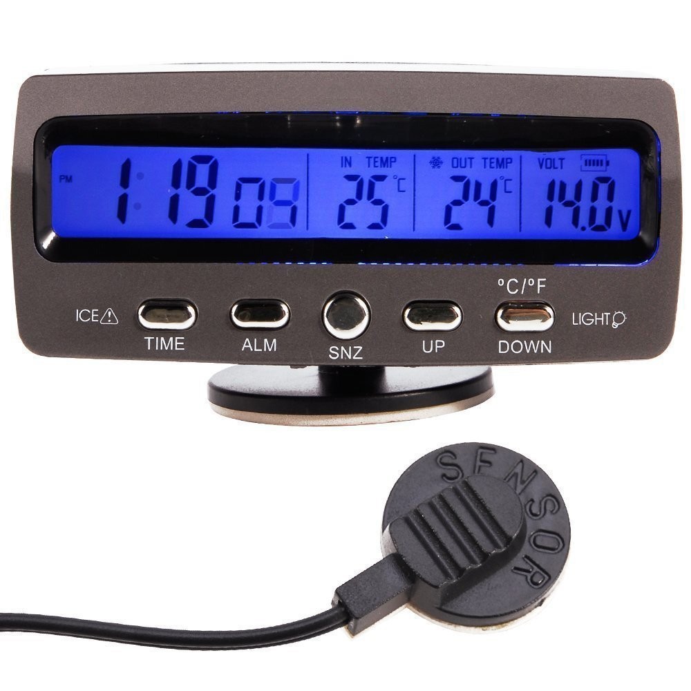 12V Car Voltage Monitor Meter Thermometer with Temperature Time LCD Display