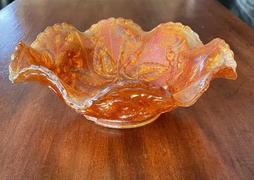 Antique Imperial Open Rose Bowl American Beauties Carnival Glass Marigold 8”