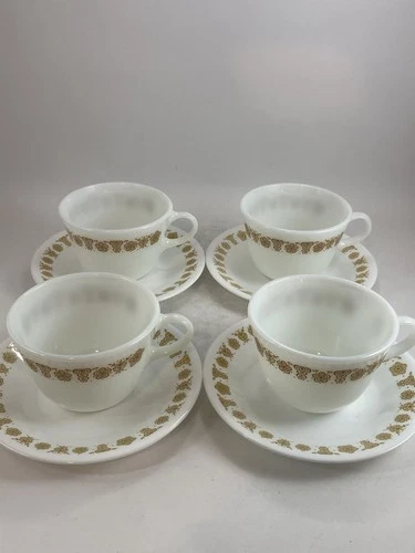 "Butterfly Gold" Pyrex Cup + Corelle Saucer Sets [4 Sets Total]