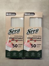 2 PACKS Of Serv Extra Long Compostable White Straws 50 Count 8 Inches