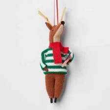 Fabric Deer Wearing Green Striped Sweater Christmas Tree Ornament