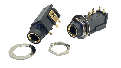 2x Klinkeneinbaubuchse 6,3mm mit Schaltfunktion Öffner, phone jack, stereo, gold