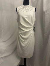 NWT Adrianna Papell White Beaded Mockneck Crepe Knee Length Dress, Size 10