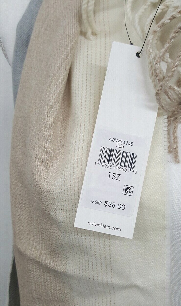Calvin Klein Tan Grey Striped Woven Fringe Scarf One Size 1SZ 11