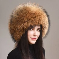Handmade Women's Real Fox +Real Raccoon Fur Winter Keep Warm Fluffy Hat Earmuffs