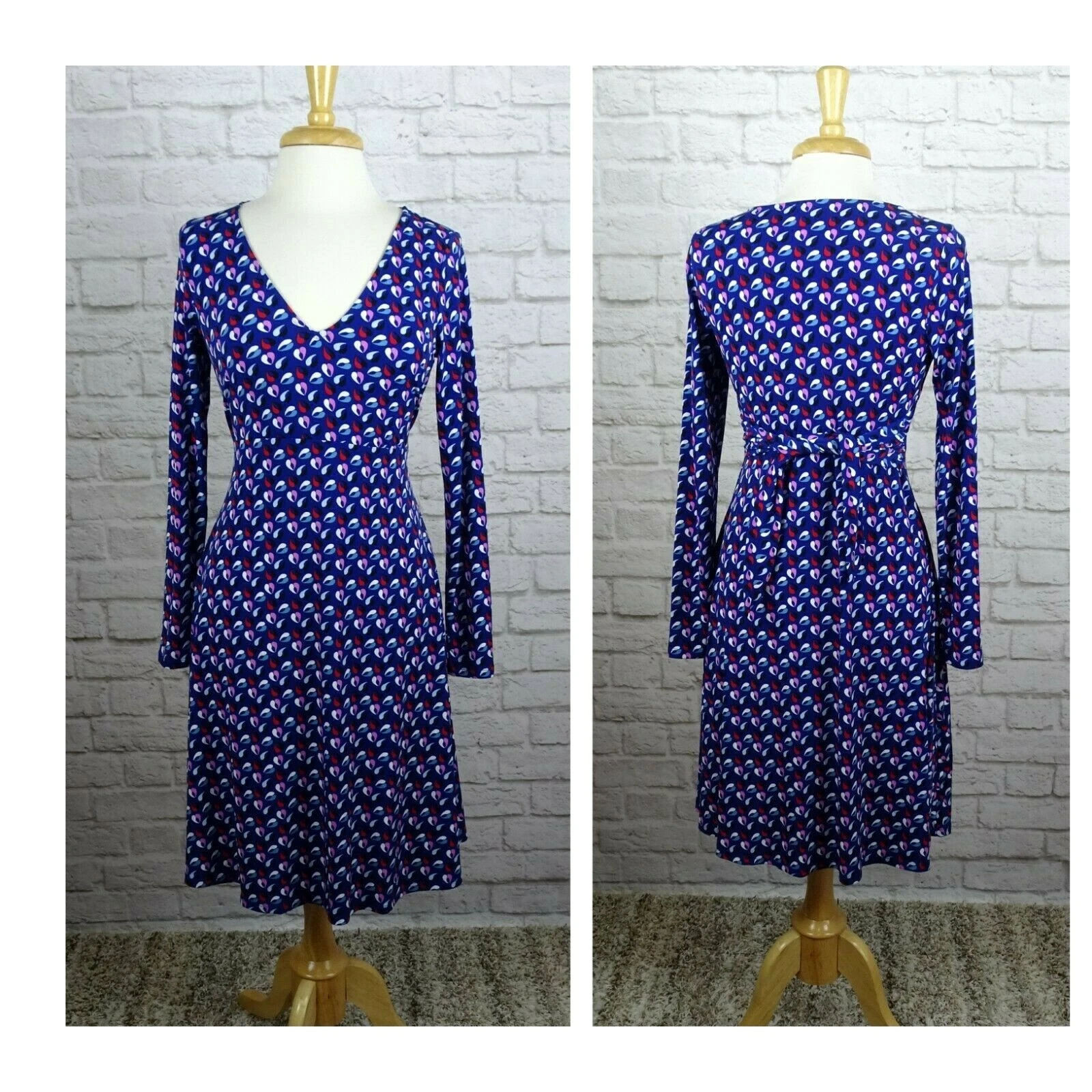 Motherhood Maternity Dress Tie Back Blue Multicolor Long Sleeves Stretch Size S
