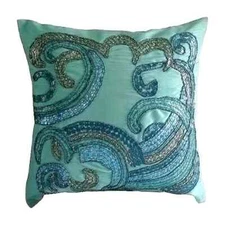 Pillow Cover Blue 16"x16", Couch Decor Silk Waves Sequins Embellished - Tides