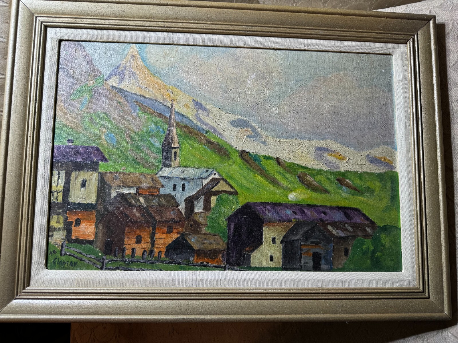 Pintura al óleo Glassiar 1949 "Paisaje de montaña con casas rurales" - firmada/enmarcada