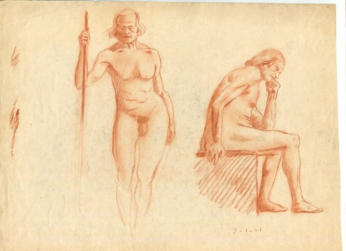 Antique Old Pencil Drawing Original Nude Men Portraits 1901 - Picture 8 of 8