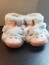 Wonder Nation Unicorn Girls Slippers Size 6 Blue/Pink Fuzzy Fur Rubber Sole