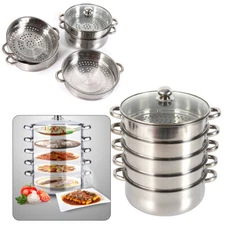 5 Tier Stainless Steel Steam Cooker Steamer Set Pan Cook Pot with Glass Lid