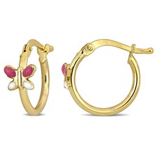 Amour 14k Yellow Gold 15mm Pink and White Enamel Butterfly Hoop Earrings