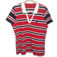 Nautica Women's Classic Fit Striped V-Neck Collar Striped Red NavyPolo Shirt XXL
