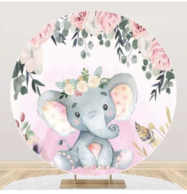 Renaiss 6,5 x 6,5 Fuß niedlicher Elefant runder Hintergrund rosa Blume Polyester Stoff
