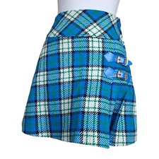 Vintage 60s Womens Size 4 Plaid Mini Skirt Blue Buckle Accent High Waist Preppy