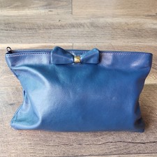 Vintage Navy Blue Leather Bow Clutch Bag Gold Hardware Evening Pouch Zip Top