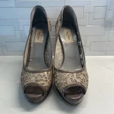 Valentino Garavani Peep Toe Laser Cut Mesh Pumps, Size 38 7 1/2 Beige pumps