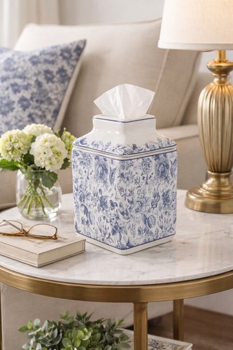 Blue & White Floral Ceramic Tissue Box Holder Floral Vintage Design Roses