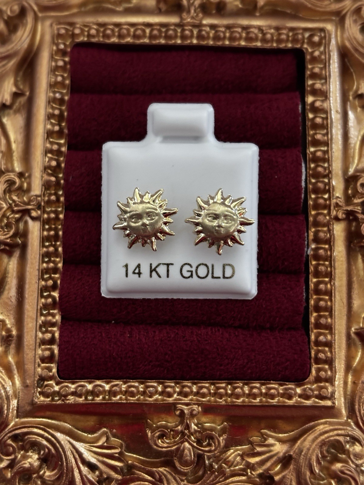 14K Yellow Gold Sun Face Stud Earrings, No Stone, Butterfly Back