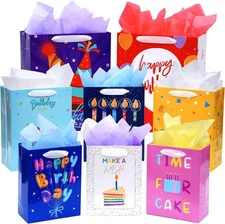 8 Pack Birthday Gift Bags Assorted Sizes with Ribbon Handles & Tissue Paper