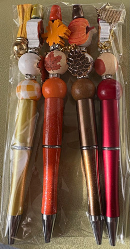 Autumn themed Plastic Pens with Bead Charm Toppers, Set of 4