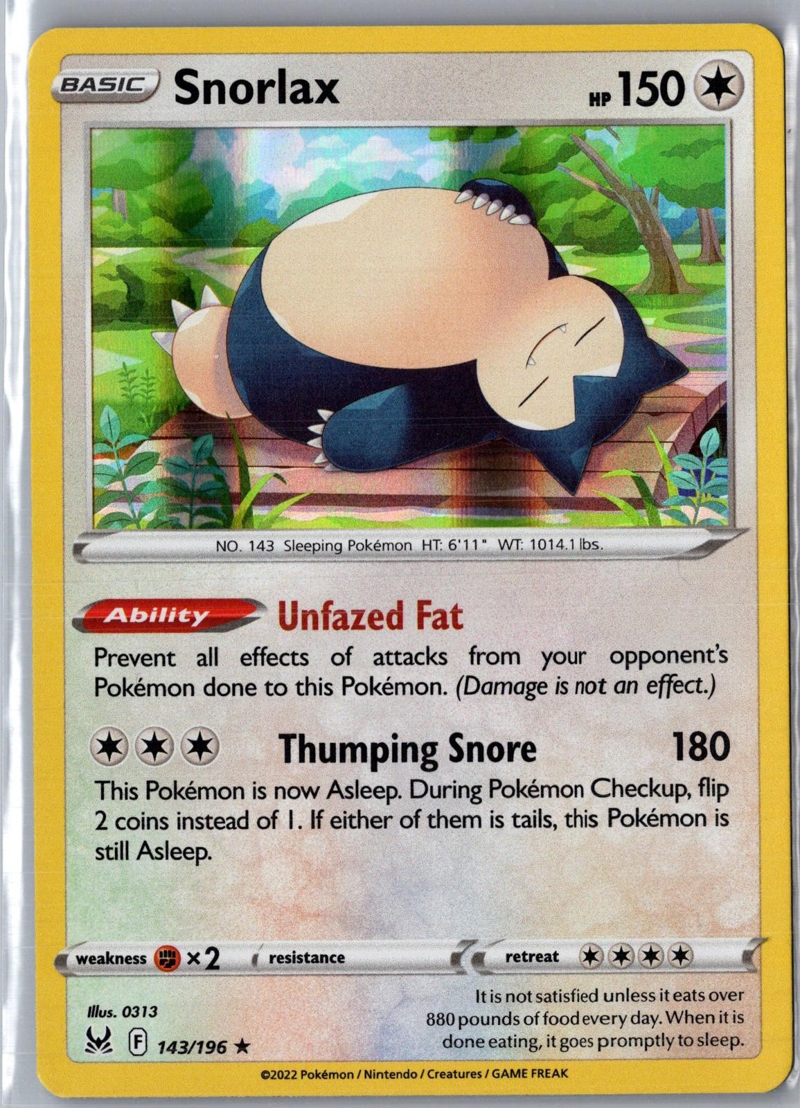Snorlax 143/196 Holo Rare Lost Origin Pokemon Lightly Played