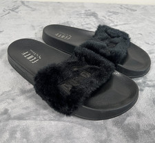 Fenty Puma by Rihanna Slides Womens US 6 Black Faux Fur Sandals Leadcat Slip Ons