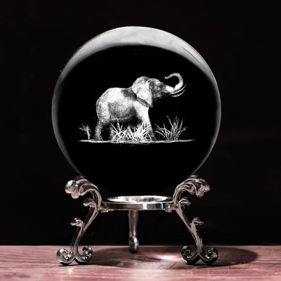 3D Elephant Crystal Ball with Stand Lase Engraved Glass Sphere 2.36 inch
