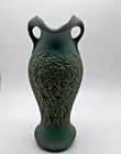 Vntg McCoy Art Pottery Vase Matte Green Sunburst handles 9” tall