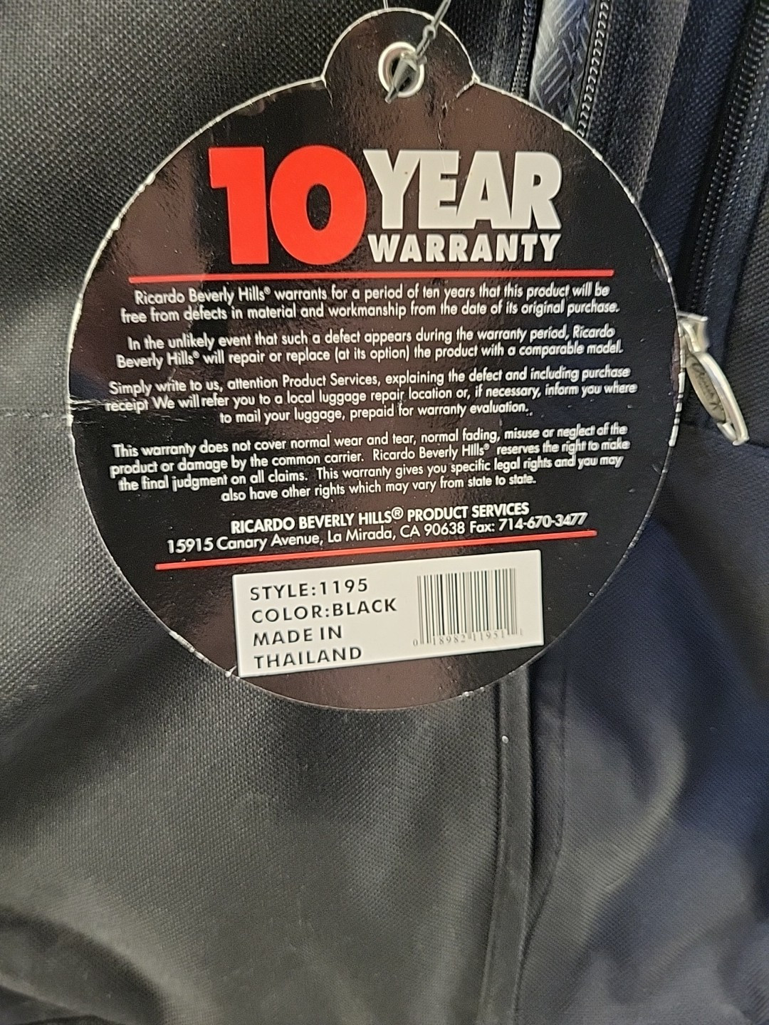 Ricardo Beverly Hills Garment Carrying Bag  Black Style 1195 Zippered Hanger NEW