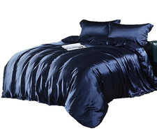 See All Pictures - 7-Pcs. Satin King/Queen Comforter Cover Set - Navy  White