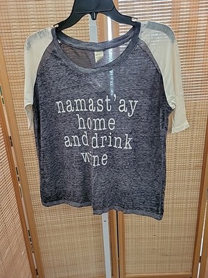 Exist Crop Tee Juniors Size Medium Storm Gray Namast ay Home and Drink Wine 