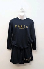 Shien Paris Romantic City Print Crew Neck Sweatshirt With Shorts M Navy Blue