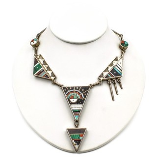Signed Navajo Smith Sterling Coral MOP Turquoise Sunface Inlay Necklace #S5790 5