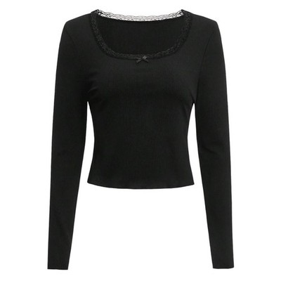 ROMWE Solid Contrast Lace Ribbed Tee in Black, Size L