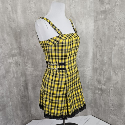 Y2K Tripp NYC Size M Plaid Mini Dress Yellow Black Lace Trim Sleeveless Punk - Picture 8 of 16