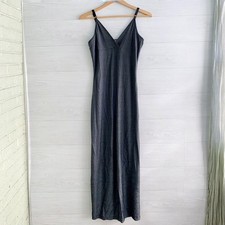 Vintage 90s Les Snobs Paris Silver Gray Shimmer Slip Maxi Dress M Stretch