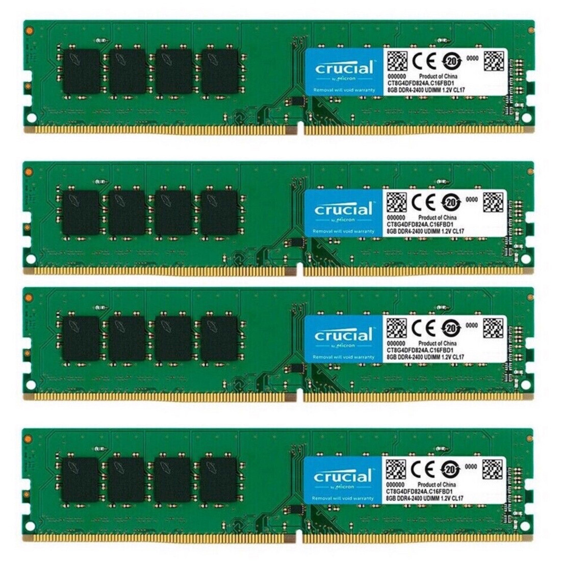 Crucial 32GB 4X8GB DDR4 2400MHz PC4-19200 288-Pins UDIMM Memory