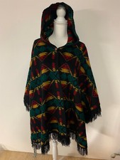 South American Handmade Multicolor Hooded Wool Aztec/Inca Poncho - Men's NWOT