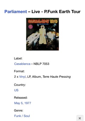 Parliament Live P.Funk Earth Tour Vinyl LP 1977 Terre Haute First