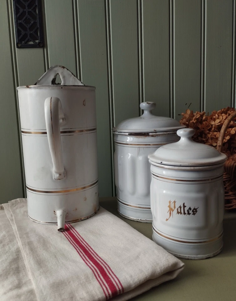 Ancien pot fontaine de lavement en tôle émaillée blanche liseré doré - Photo 4/4