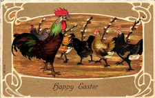 Happy Easter Rooster Chickens Hens Buds Posted 1909 Embossed Antique Postcard