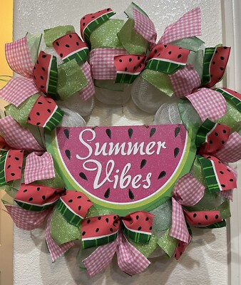 SUMMER VIBES WATERMELON   White DECO MESH Wreath 24'' x 24'' Glittery & AWESOME!
