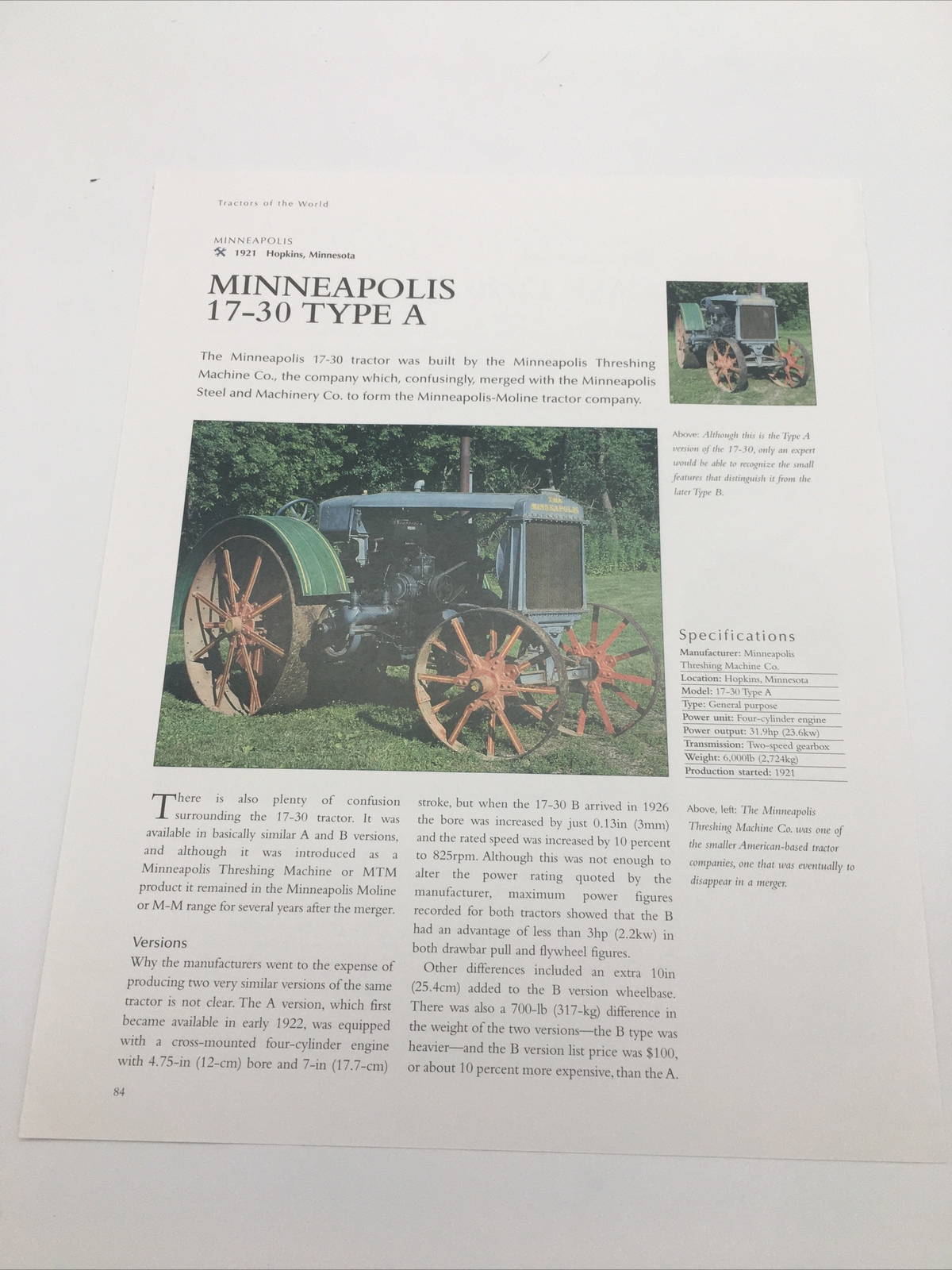 1921 Minneapolis 17-30 Type A Vtg Tractor Frameable Article Pics Specs ...