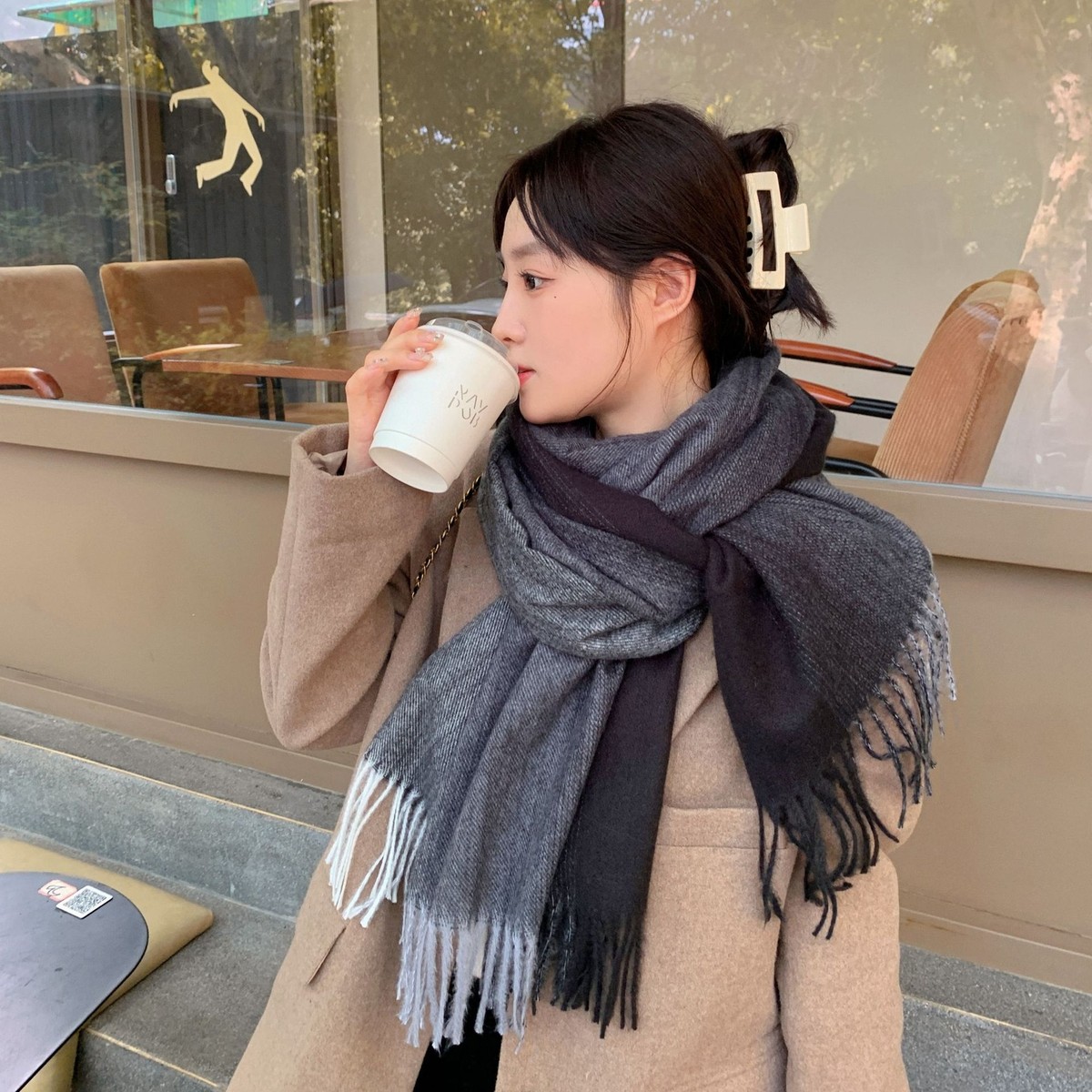 Women's Winter Versatile Imitation Wool Scarf Warm Solid Fringe