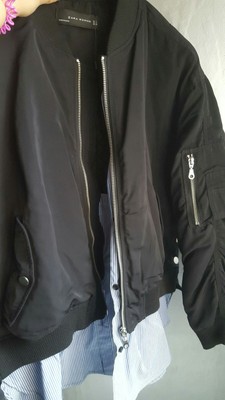 Blouson Bomber Femme Zara Bleu/noir - Taille UK M - Détail Froncé Et Fausse Chemise - Neuf Sans étiquettes