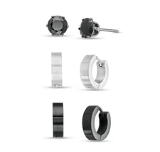 Zales Men's 6.0mm Black Spinel Solitaire Stud and Huggie Hoop Earrings Gift Set