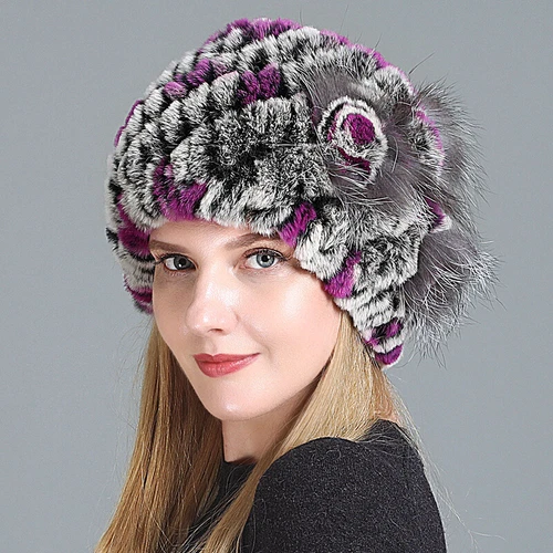 Damen Echt Rex Kaninchenfell Beanie Mütze Winter Warm Mütze mit Fuchs Handarbeit Geflochten - Bild 39 von 52